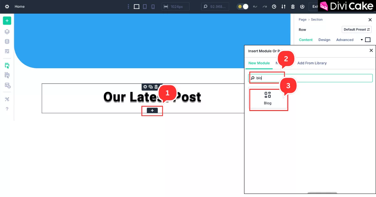 Step-by-step guide to adding a Blog module below the heading in Divi 5 using the Plus Icon and search feature.