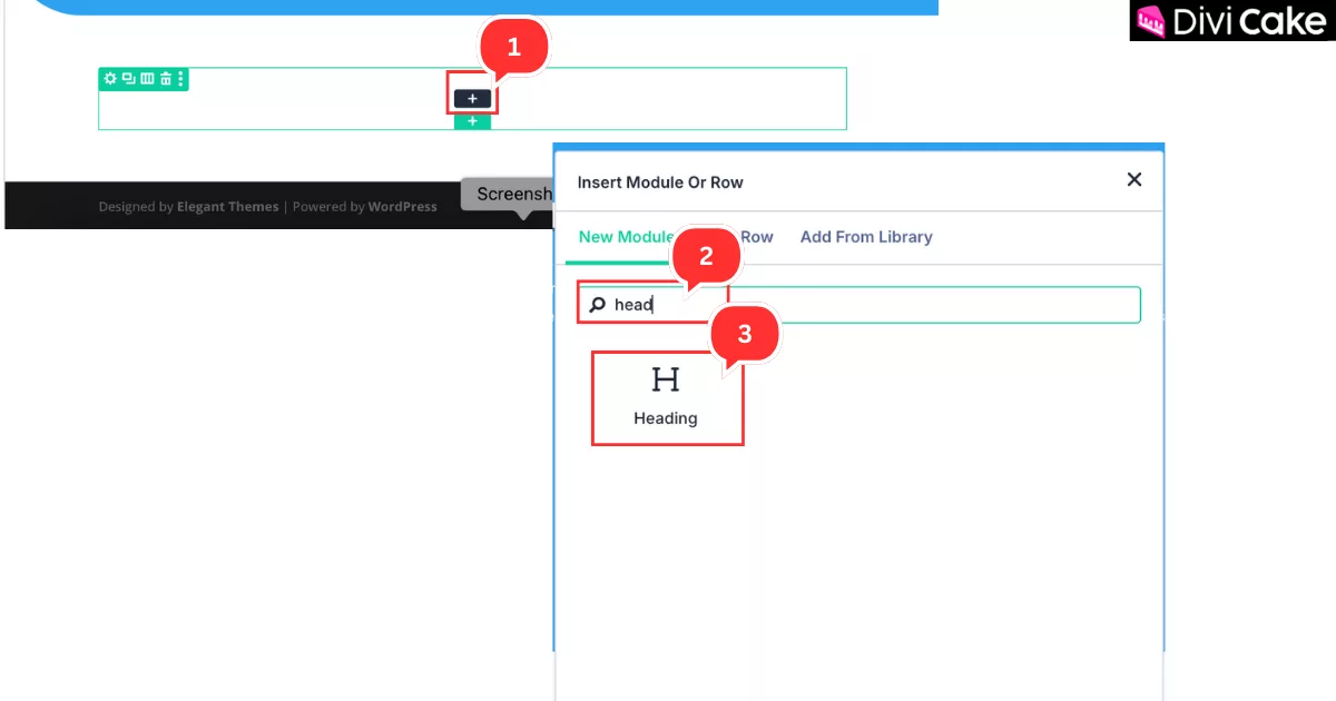 Step-by-step guide to adding a Heading module to a newly created blank section in Divi 5.