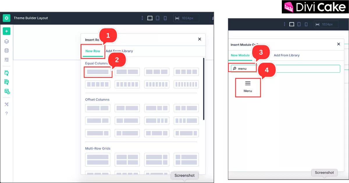 Adding a new section with a single-column row in Divi 5 Global Header and inserting the Menu module to build website navigation.
