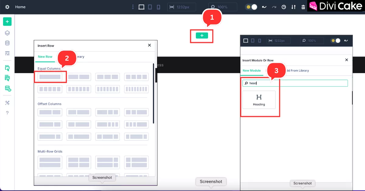 Step-by-step guide to adding a single-column row and inserting a Heading module in Divi 5.