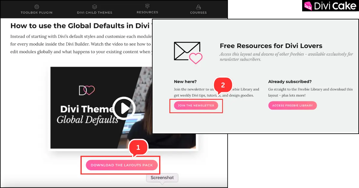 Instructions showing how to join Divi Lover’s newsletter by adding name and email to download free Divi global defaults layouts.