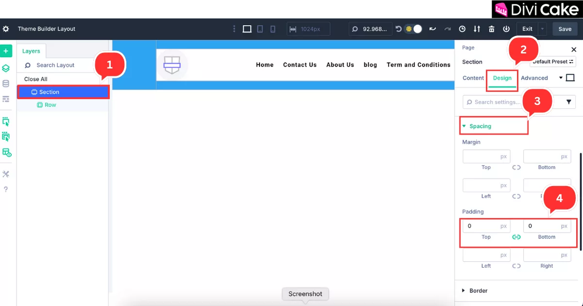 Divi 5 section spacing settings with top and bottom padding set to 0px for a compact, neatly aligned global header layout.