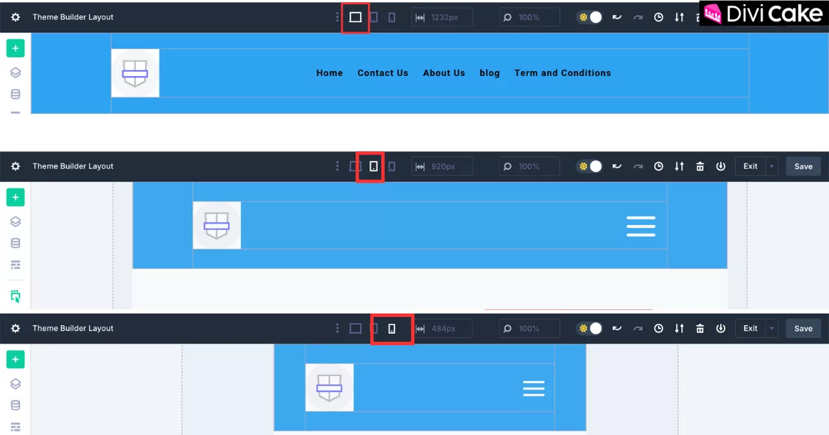 Divi 5 Global Header shown across Desktop, Tablet, and Mobile views to ensure full responsiveness through device-specific adjustments.
