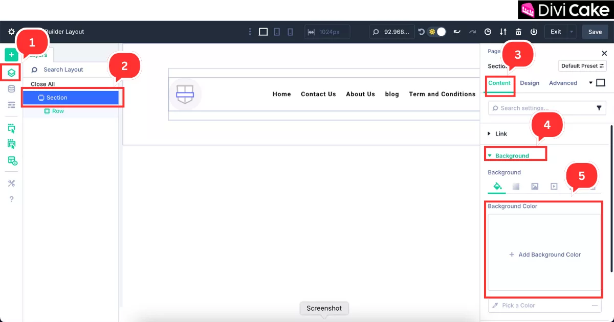 Adding a custom background color to the header section using Divi 5’s section settings via the Layers panel and Content tab for enhanced visual styling.