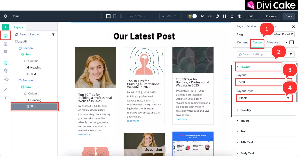 Step-by-step guide to configuring the Divi 5 Blog module layout settings to display posts in a grid style with block layout.
