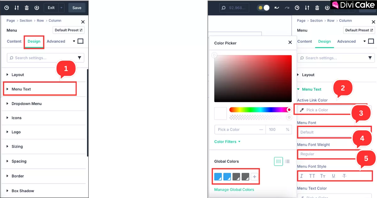 Customizing menu text color, font, weight, and style under the Design tab in Divi 5 Menu settings to enhance the visual appeal of the website header.