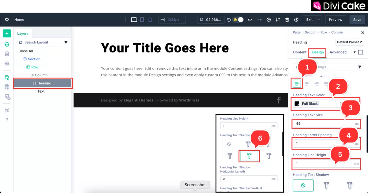 Step-by-step guide to applying alignment, text color, size, spacing, and line height settings to refine the Divi 5 heading design.