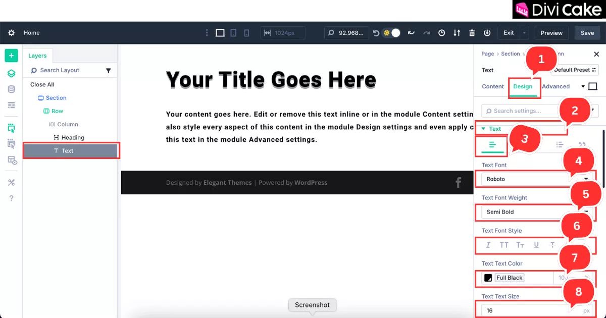 Step-by-step guide to applying font, color, alignment, and size adjustments to the Text module in Divi 5 for a cohesive blog page design.