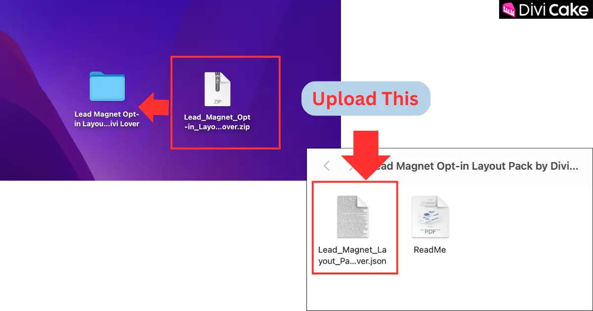 Screenshot showing how to unzip the downloaded Divi Lover Lead Magnet Opt-in Page Pack and locate the .json file for import into Divi Library.