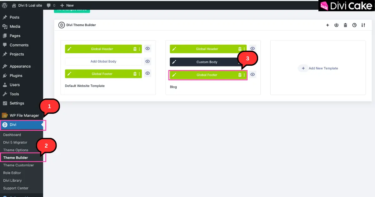 Screenshot showing how to access the Global Footer in Divi 5 using the Theme Builder from the WordPress dashboard.