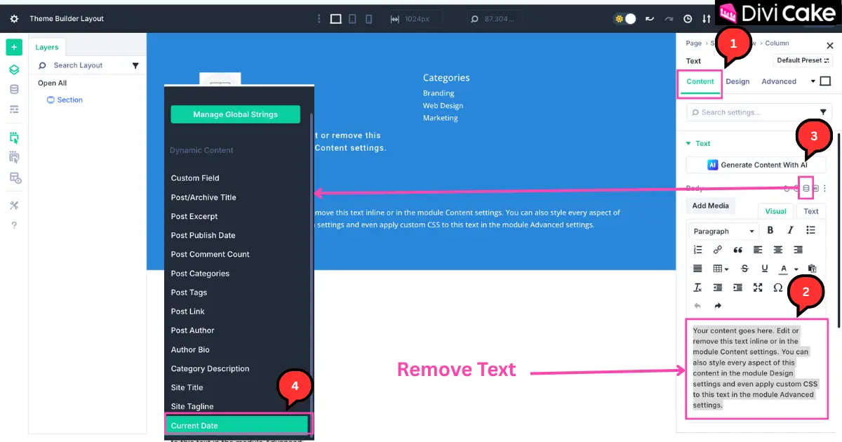 Screenshot of Divi 5 Text Module settings showing how to replace dummy text with the Current Date dynamic content option.