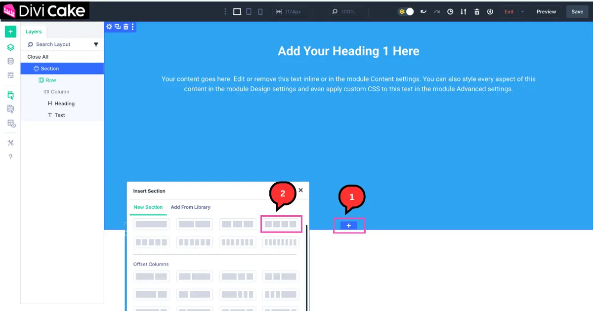 Screenshot of Divi 5 builder showing how to add a row with multiple columns and insert Blurb Modules for easy duplication.
