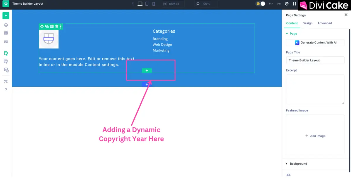Screenshot of Divi 5 Theme Builder showing how to add a dynamic copyright year in the website footer.