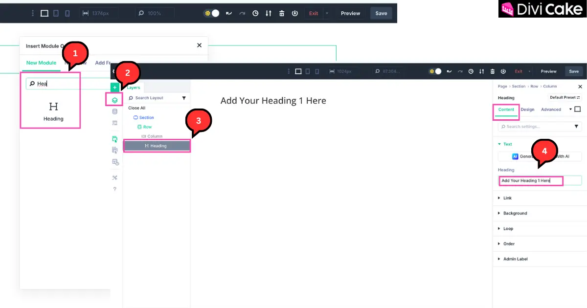 Screenshot of Divi 5 builder showing how to insert and customize a Heading module at the top of a page.