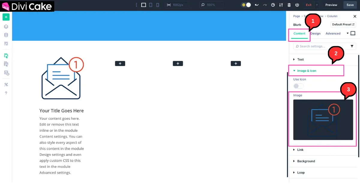 Screenshot of Divi 5 builder showing how to upload a custom image or enable an icon in the Blurb Module using the Content tab.