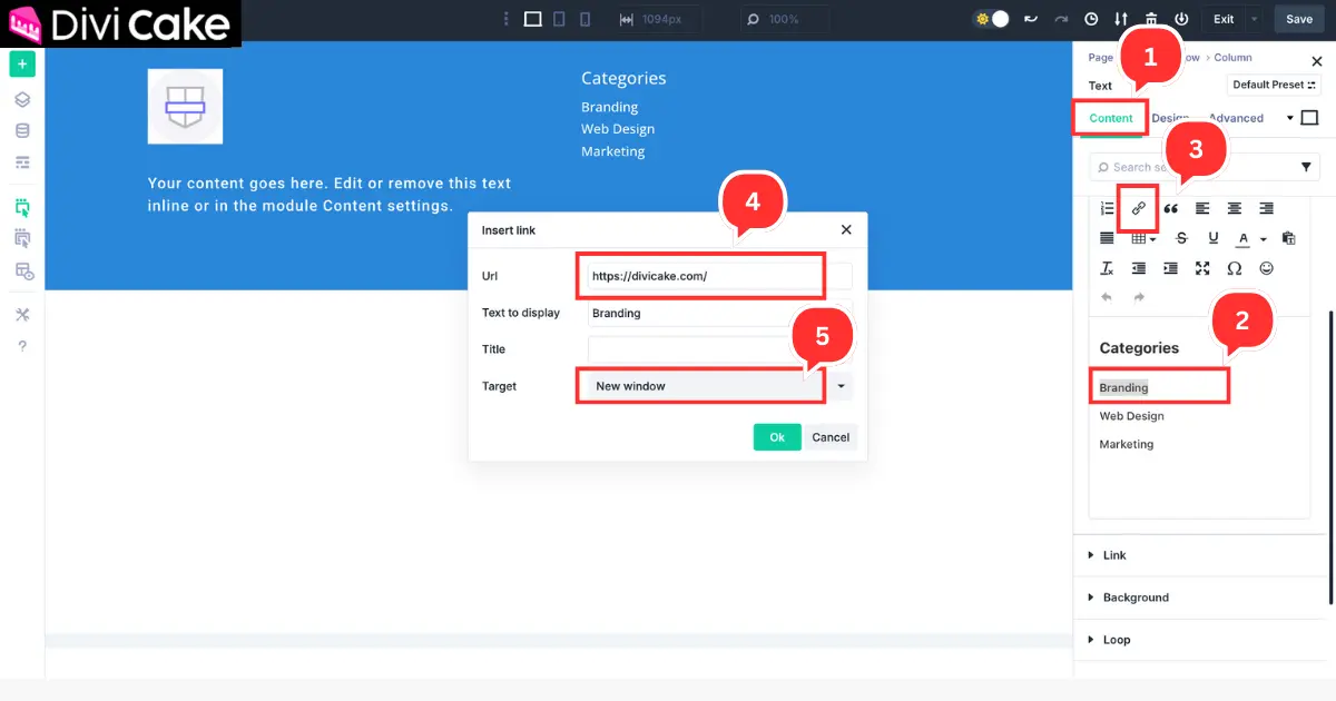 Selecting page names in the Divi 5 Text Module and adding clickable links for footer navigation