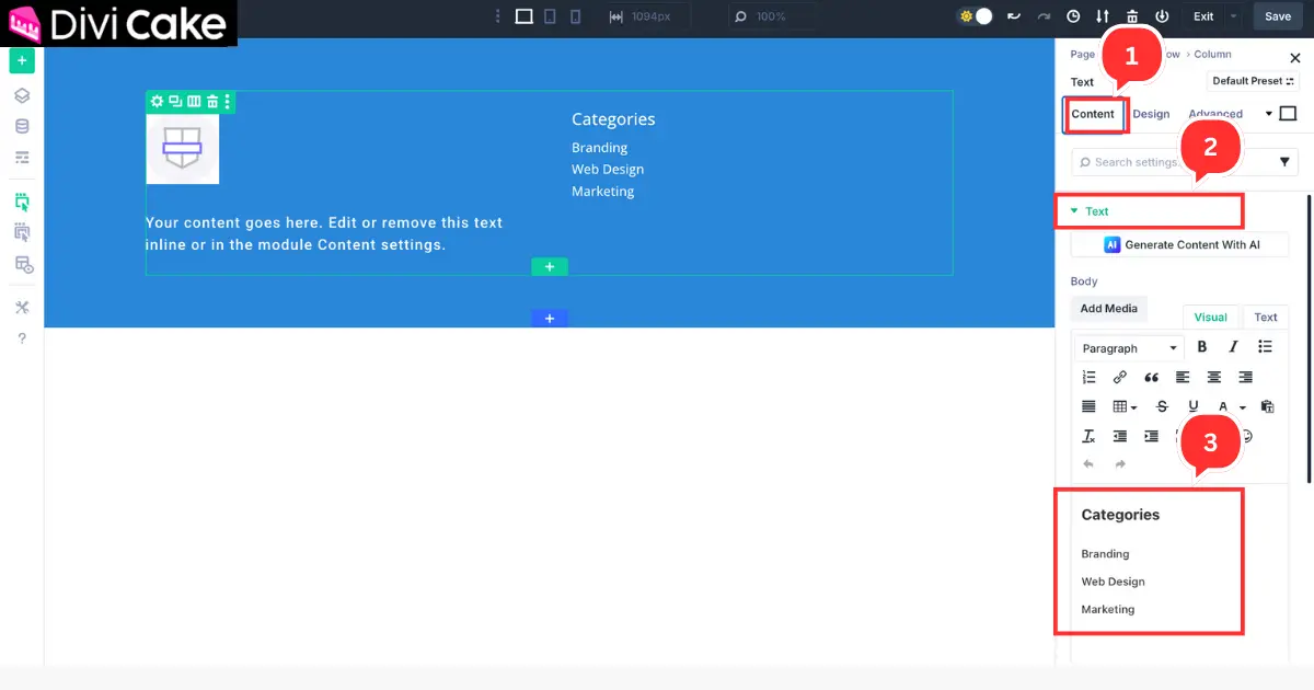 Writing page names, blog categories, or legal links inside the Text Module of the second footer column in Divi 5