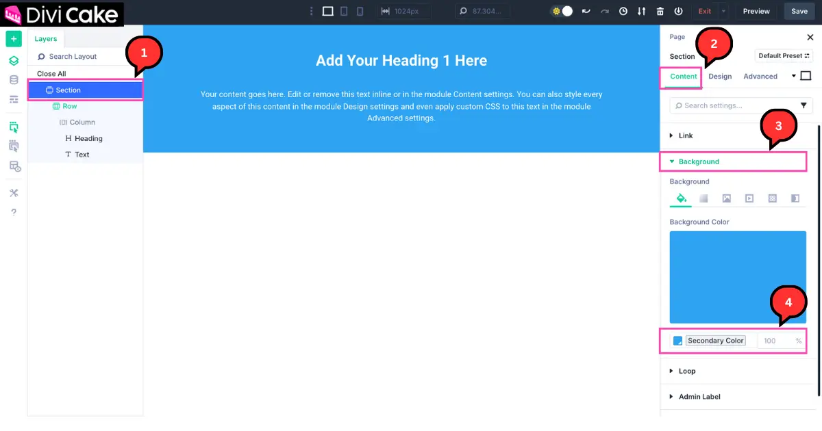 Screenshot of Divi 5 builder showing how to set a background color for a section using the Content tab.