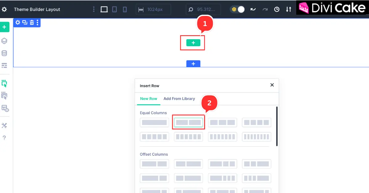 Adding a new section with two columns inside Divi 5 Builder to start designing a custom global footer layout