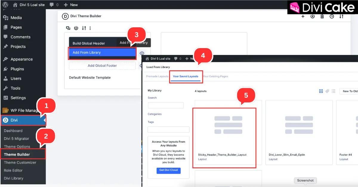 Adding Divi Lover’s transparent sticky header layout to Divi 5 Theme Builder and setting it as the Global Header via Add From Library → Saved Layouts.