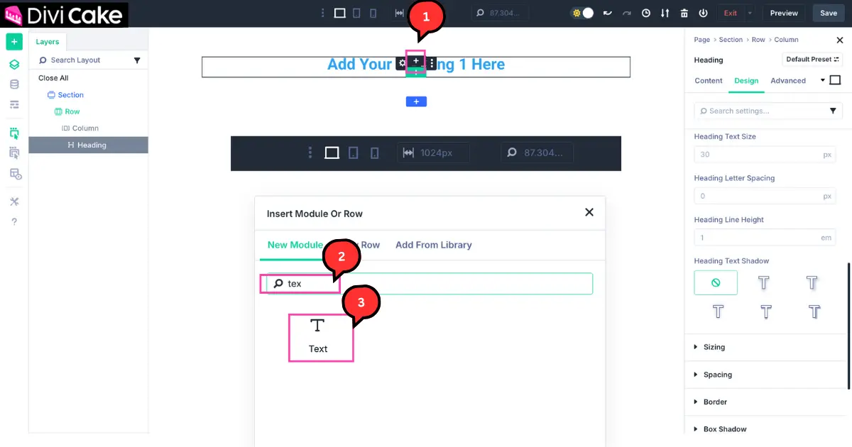 Screenshot of Divi 5 builder showing how to insert a Text module below a heading using the Plus (+) icon.