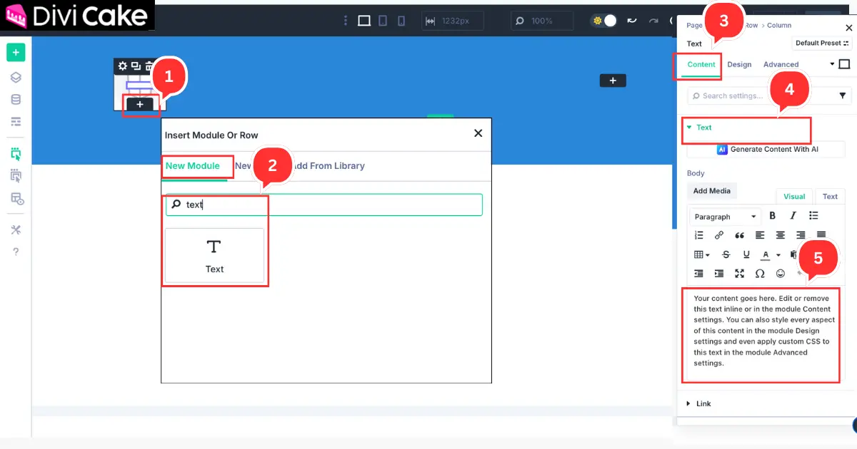 Adding a Text Module below the logo in the first column of the Divi 5 footer to display a short website description or tagline