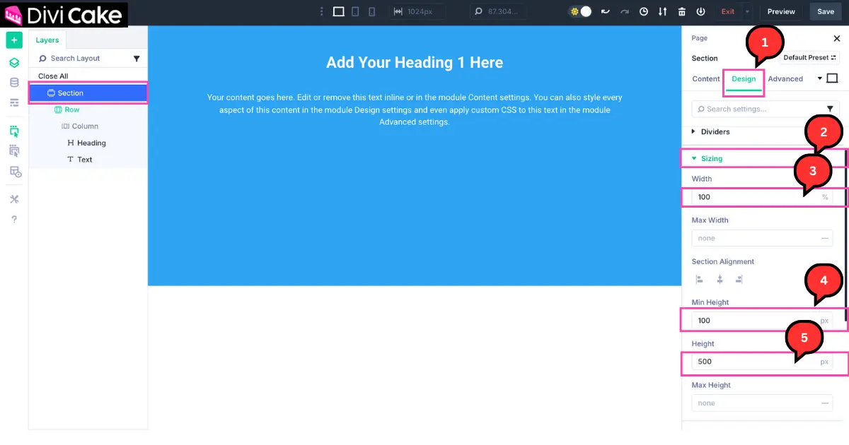 Screenshot of Divi 5 builder showing how to set section width to 100% and adjust minimum and overall height in the Design tab.