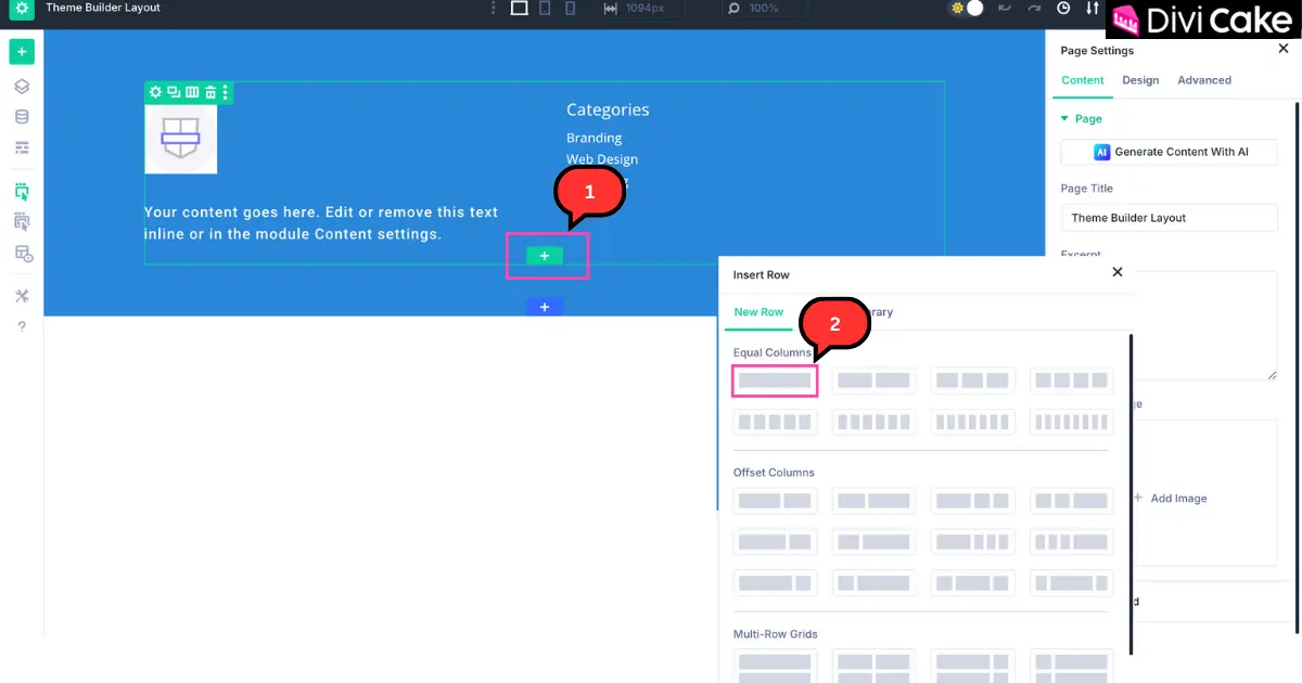 Screenshot of Divi 5 Theme Builder showing how to center copyright footer credits in a single row.
