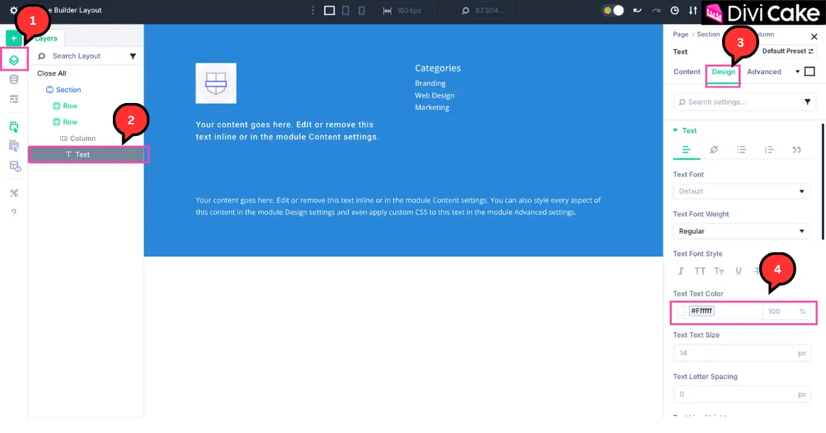 Screenshot of Divi 5 Theme Builder showing how to change footer text color in the Text Module settings.