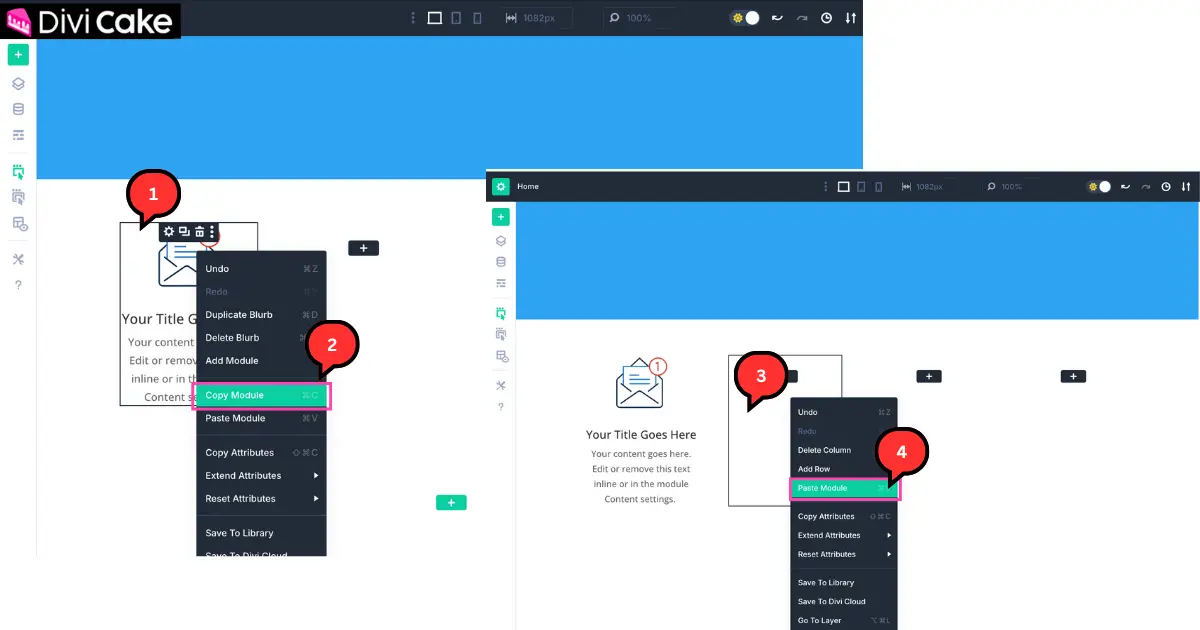 Screenshot of Divi 5 builder showing how to copy a customized Blurb Module and paste it into other columns for faster design.