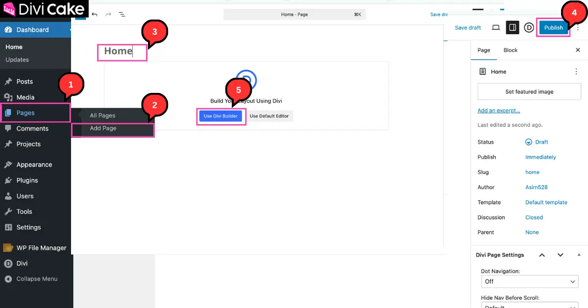 Screenshot of WordPress dashboard showing how to create a new page, add a title, publish, and start editing with the Divi 5 Builder.
