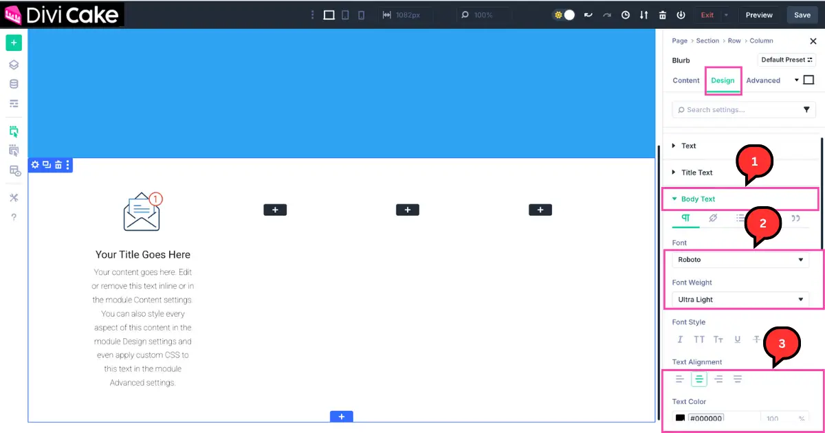 Screenshot of Divi 5 builder showing how to style a Blurb Module’s body text, including font, weight, alignment, and color.