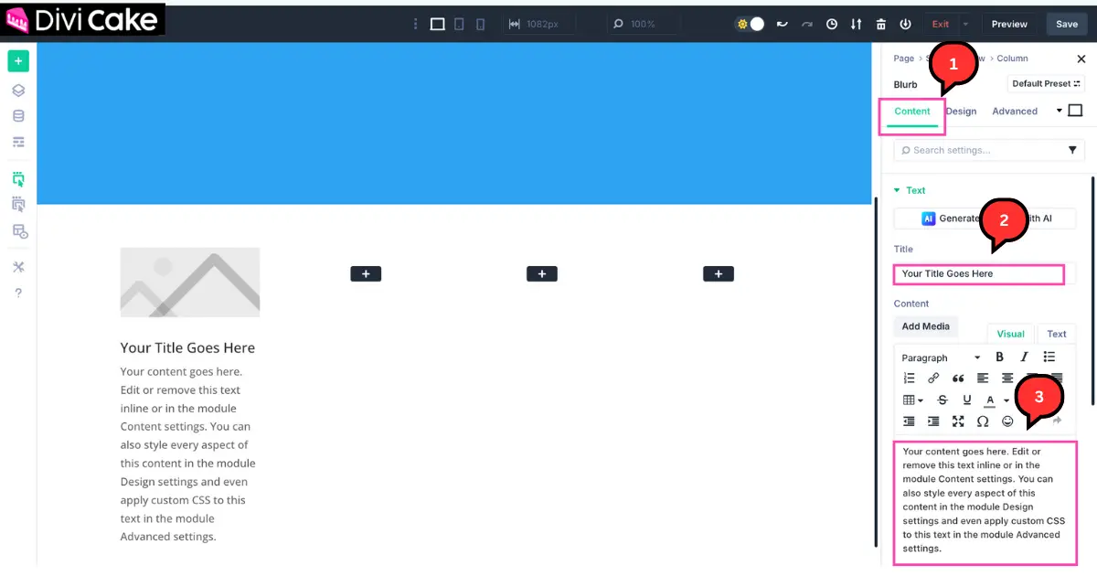 Screenshot of Divi 5 builder showing how to edit a Blurb Module’s title and description in the Content tab.