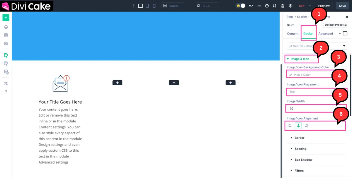 Divi 5 builder showing how to style a Blurb Module’s image or icon, including position, width, alignment, and background color.