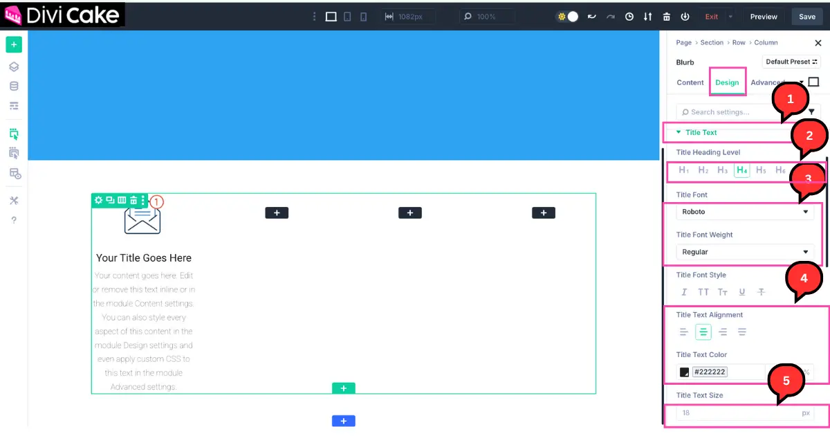 Screenshot of Divi 5 builder showing how to style a Blurb Module’s title text including heading level, font, weight, alignment, color, and size.