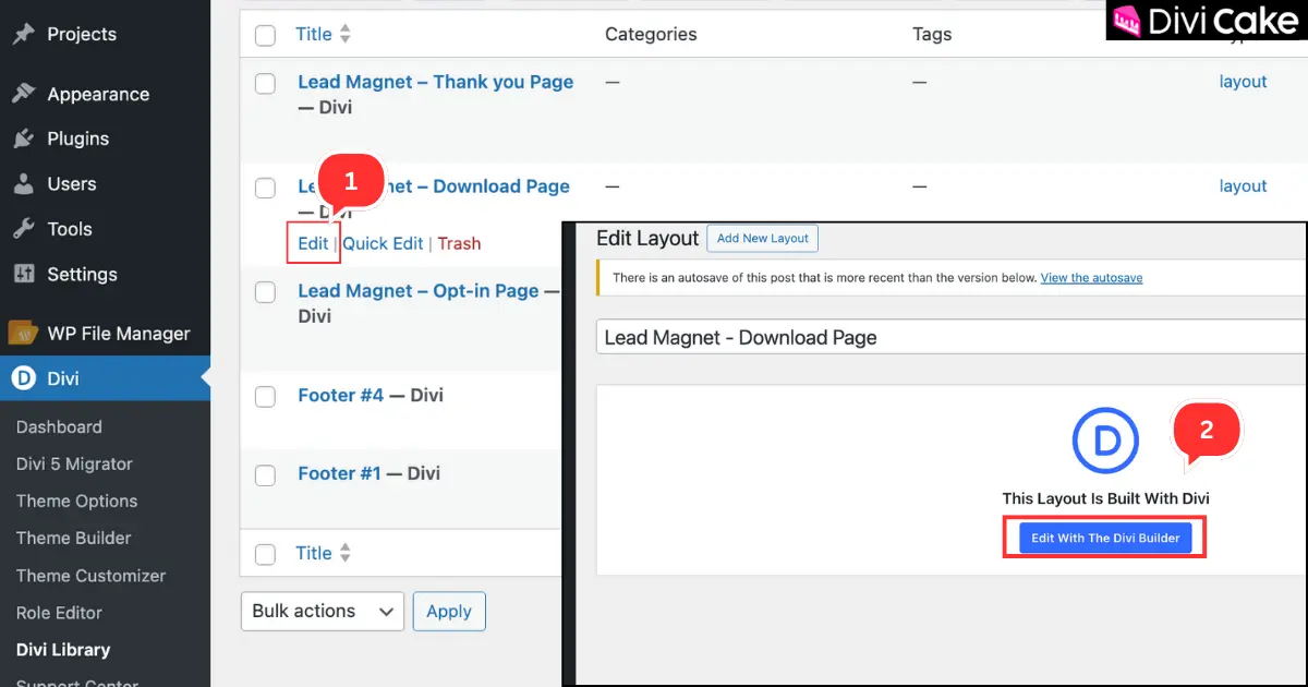 Screenshot showing how to edit the Lead Magnet Opt-in Page layout from the Divi Library using the Divi Builder.