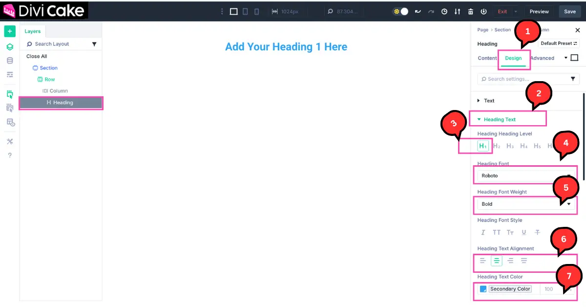 Screenshot of Divi 5 builder showing design settings for customizing heading text, font, alignment, and color.