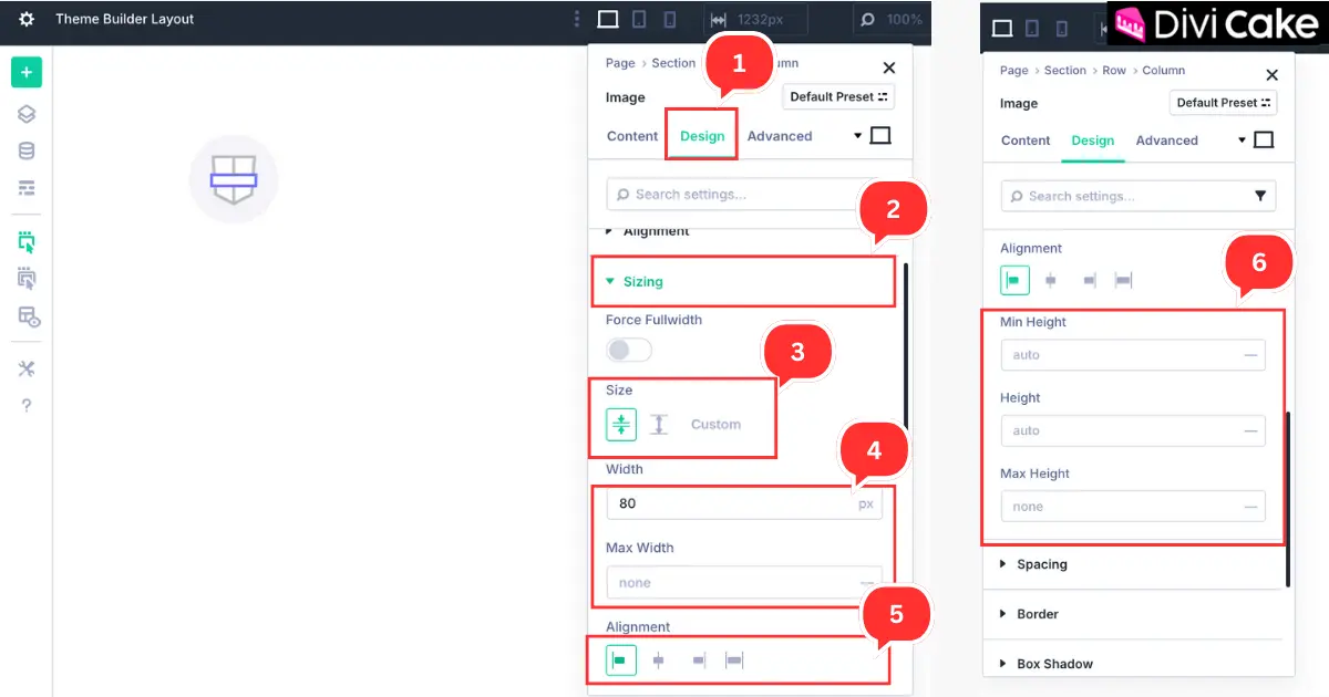 Adjusting logo size, width, alignment, and height in the Design tab of Divi 5 Image Module for a professional footer look