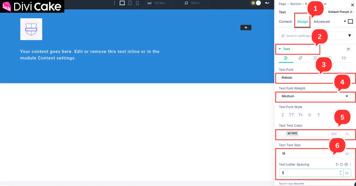 Styling the website description text in Divi 5 footer by adjusting font, color, size, and letter spacing in the Design tab
