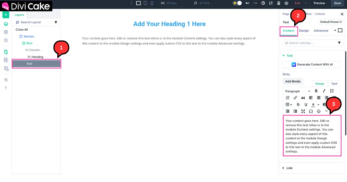 Screenshot of Divi 5 builder showing how to edit and customize a Text module using the Content tab.