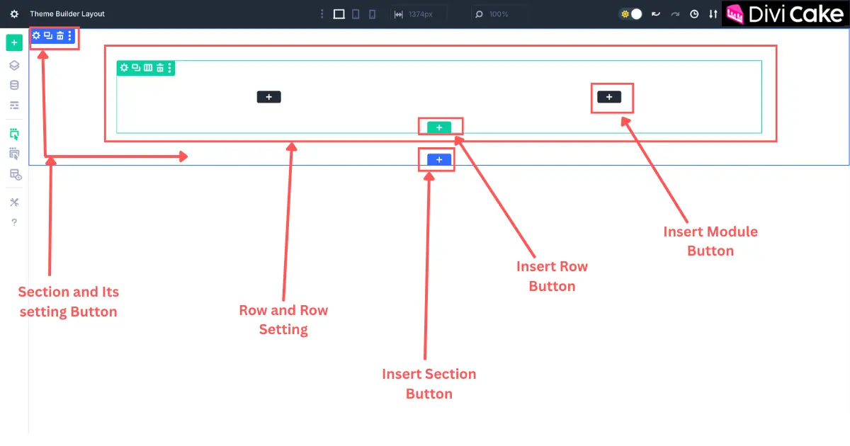Divi 5 builder layout showing sections, rows, and modules with insert buttons for beginners.
