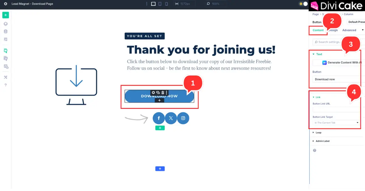 Screenshot showing the Button module settings in Divi 5 where users can edit button text, add links, and adjust colors and size.