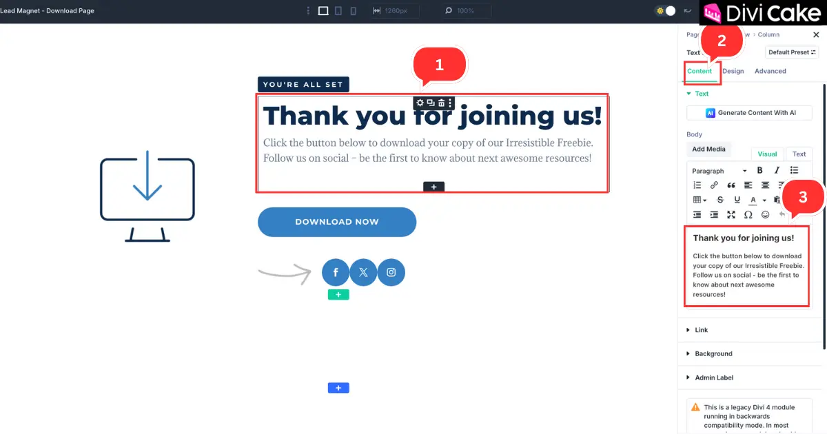 Screenshot showing the Lead Magnet Opt-in layout open in Divi 5 Visual Builder with editable heading and text options.