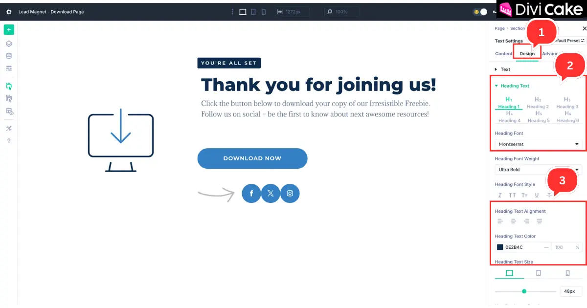 Screenshot showing the Design tab in Divi 5 Visual Builder where users can change heading alignment, text color, and spacing.