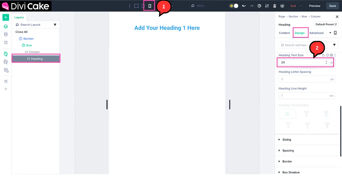 Screenshot of Divi 5 builder showing how to adjust heading size for mobile view using the mobile editing mode.
