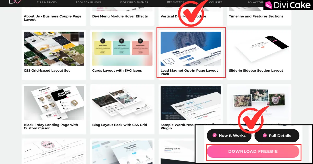 Screenshot showing how to download the free opt-in page pack from Divi Lover’s Freebie Library by hovering over the layout and clicking the download button.