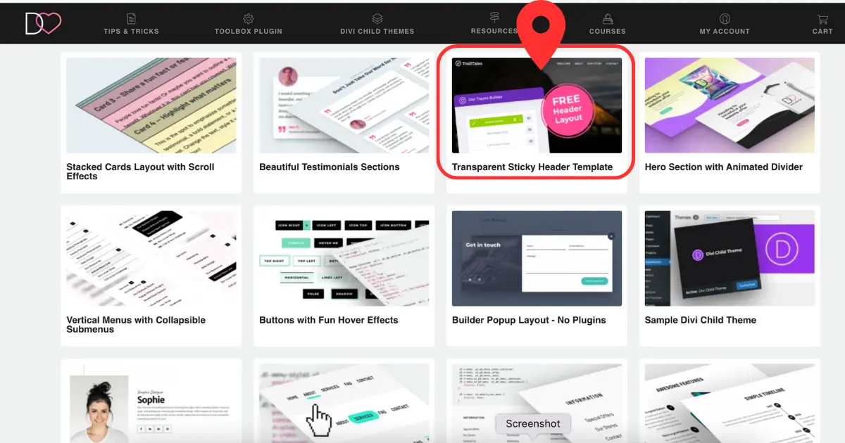 Screenshot of Divi Lover’s free transparent sticky header layout available for download in Divi