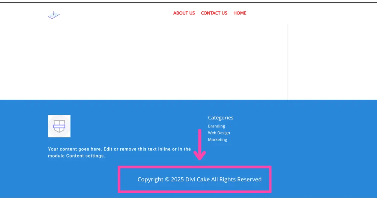 Screenshot showing the final Divi 5 footer with centered dynamic copyright year updating automatically.