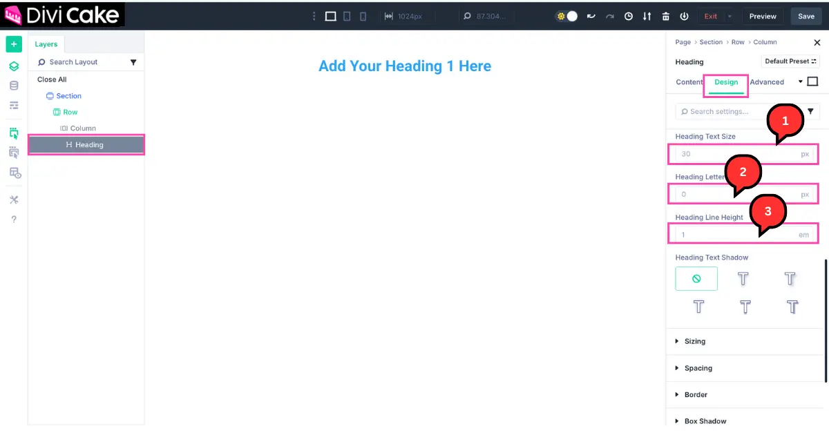 Screenshot of Divi 5 builder showing heading text size, letter spacing, and line height adjustments for better readability.