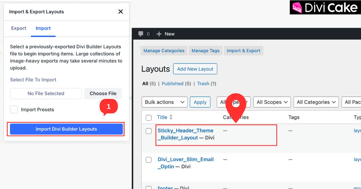 Transparent sticky header layout successfully uploaded to the Divi 5 Library after clicking Import Divi Builder Layouts button